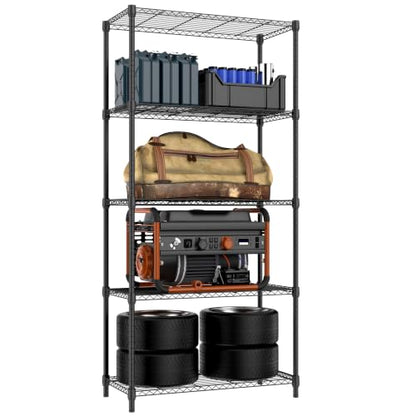 1250 lbs 5 Tier Shelf Metal Storage Shelves Shelving Wire Rack Heavy Duty Closet Organizers for Garage Kitchen Bathroom Laundry Black 15.7" D x 33.5" W x 68.5" H (5 tier, 15.7" D x 33.5" W x 68.5" H / Black)