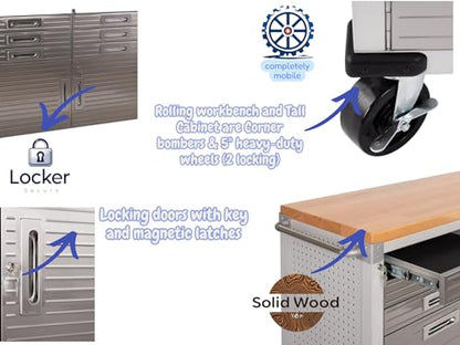 Heavy Duty 8 Piece Steel Garage Cabinet Storage Set with Rolling Workbench (Granite)