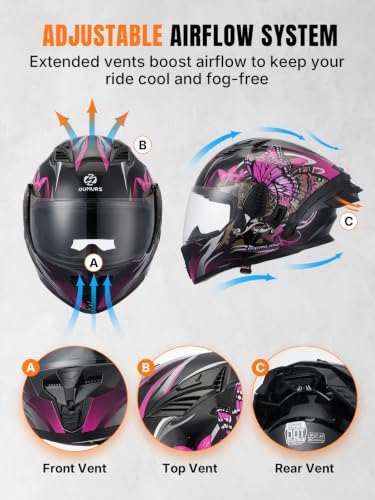 DOT Approved Modular Motorcycle Full Face Helmets Butterfly Pink (Butterfly Pink / Large)