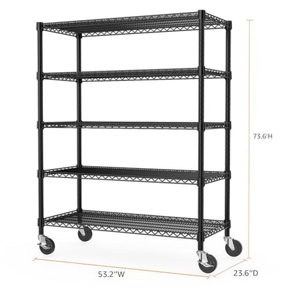 53" W Garage Shelving 5 Tier Industrial 2200LBS Metal Shelving Units for Commercial (5 Tier 23.6" D x 53.2" W x 73.6" H / Black)