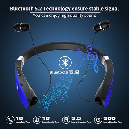 Foldable Bluetooth Headphones Wireless Neckband Headset with Retractable Earbuds (Blue)