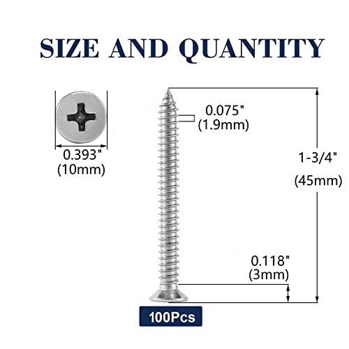 12 x 1-3/4" Wood Screw 100Pcs 18-8 (304) Stainless Steel Screws Flat Head Phillips Fast Self Tapping Drywall Screws by SG TZH (#12 x 1-3/4")
