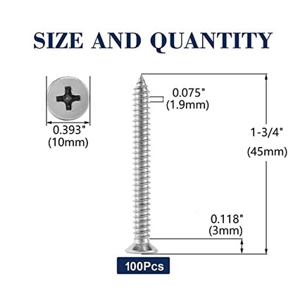 12 x 1-3/4" Wood Screw 100Pcs 18-8 (304) Stainless Steel Screws Flat Head Phillips Fast Self Tapping Drywall Screws by SG TZH (#12 x 1-3/4")