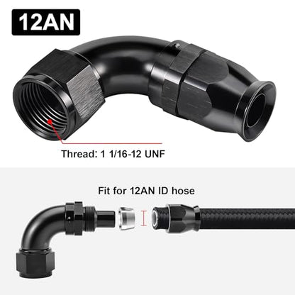 12AN 90 Degree PTFE One Piece Full Flow End Hose Fitting Aluminum Black (12AN / 90 Degree)