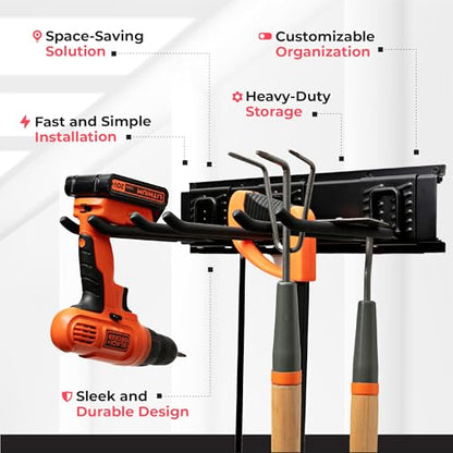 Garage Tool Organizer Wall Mount (Black / 80" Carbon Steel with 5 Racks & 10 Hooks)