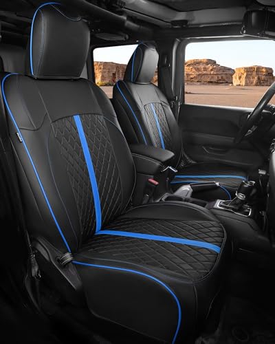 for Jeep Wrangler Leather Custom Car Seat Covers Full Set 4 Door (Black with Blue Trim / JL 18-26 4Door Without Rear Cup Holder)