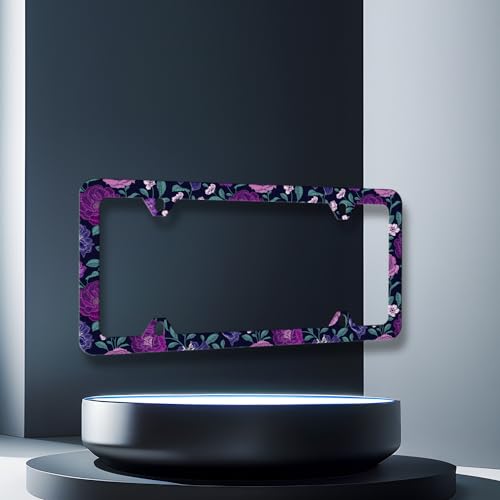 Stainless Steel Purple Floral Flowers License Plate Frame 12.3 x 6.3 Inch (Purple Floral Flowers Roses Peonies)