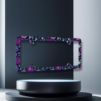 Stainless Steel Purple Floral Flowers License Plate Frame 12.3 x 6.3 Inch (Purple Floral Flowers Roses Peonies)