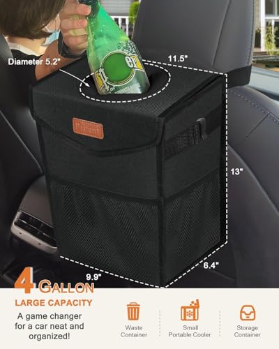 Car Trash Can with Lid Leakproof Car Garbage Bag Vehicle Trash Bin (4 Gallons / Black)
