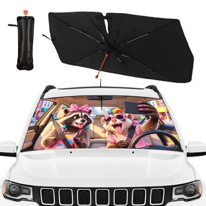 Raccoon Car Windshield Sun Shade Umbrella Bendable Handle Foldable Funny Women Gifts Raccoon Sunshade for Car Windshield Block UV Rays Keep Vehicle Cool for Most Sedans SUV Trucks Cars 57"x30" (147*75cm,33*11cm / Funny Raccoon 02)