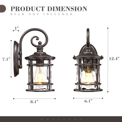 Outdoor Wall Mount Light Fixtures 2 Pack (Oil Rubbed Bronze - Water Ripple Glass / 12.4 Inch)