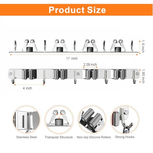 2 Pack Mop and Broom Holder Wall Mount for Kitchen Garage Laundry Room (Silver / 2 Pack 4 Racks with 5 Hooks)