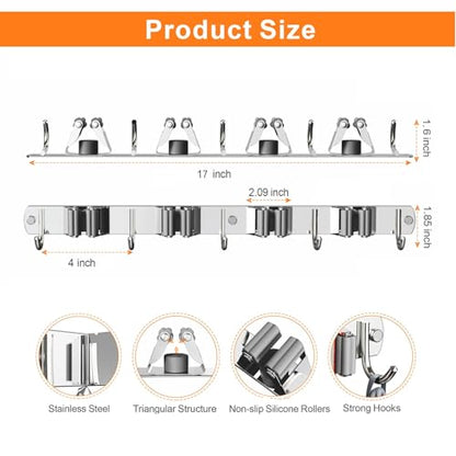 2 Pack Mop and Broom Holder Wall Mount for Kitchen Garage Laundry Room (Silver / 2 Pack 4 Racks with 5 Hooks)