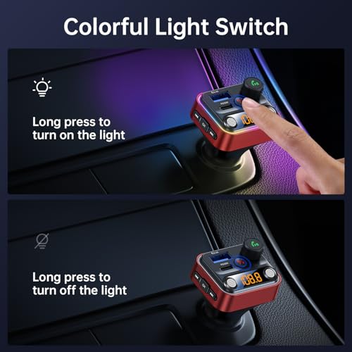 Bluetooth 5.4 FM Transmitter Car Adapter 42W [Light Switch] [Stronger Dual Mics] [HiFi Deep Bass] [Fast Charging] Wireless FM Radio Music Adapter Hands (Red)