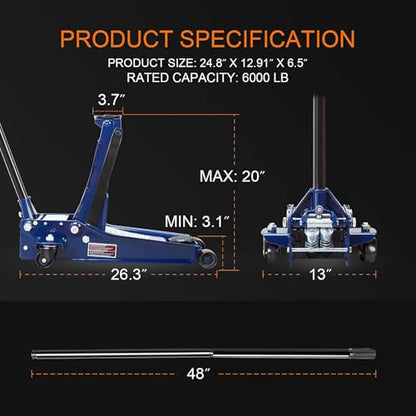 ATZ830026XU 1 Torin Ultra Low Profile Floor Jack Heavy Duty Hydraulic Steel Service (Blue / 3 Ton / 2023 Old Model)