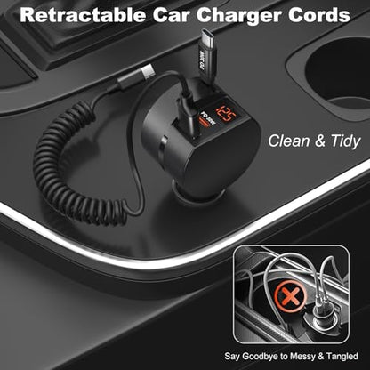 78W 3 Port Car Charger with Retractable USB (Black - 1Pack)