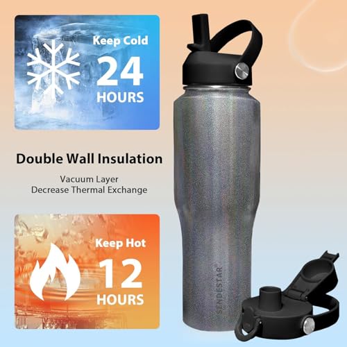 Water Bottle Wide Mouth Stainless Steel Vacuum Insulated Double Wall Keep Liquids Cold or Hot All Day (Laser Grey / 40 Ounces)