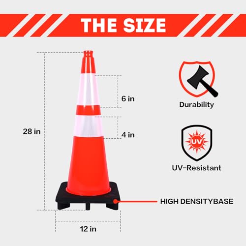 Traffic Cones 28 inch 6 Pack Heavy Duty Safety Cones Orange with Reflective Collars Fit Parking Lot (28 inch(12inch base black))