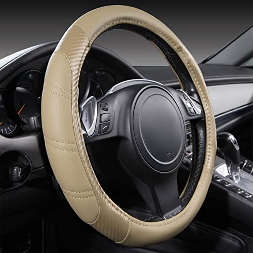 Line Rider Microfiber Leather Sporty Steering Wheel Cover Universal Fits for 95% Truck (Beige＆Carbon Fiber / Standard[14.5"-15"])