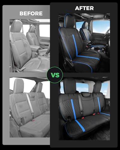 for Jeep Wrangler Leather Custom Car Seat Covers Full Set 4 Door (Black with Blue Trim / JL 18-26 4Door Without Rear Cup Holder)