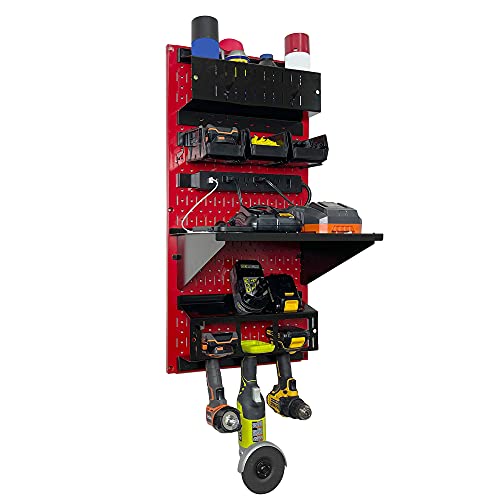 Power Tool Storage Organizer Kit Cordless Drill Holder Charging Station Rack 16” x 32” Metal Pegboard Organization System (Red Pegboard)