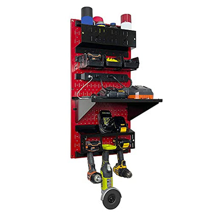 Power Tool Storage Organizer Kit Cordless Drill Holder Charging Station Rack 16” x 32” Metal Pegboard Organization System (Red Pegboard)