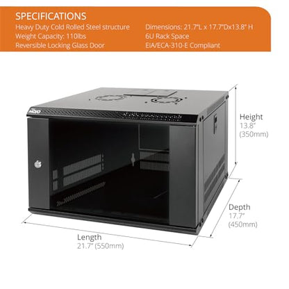 6U Wall Mount Server Cabinet IT Network Rack Enclosure Lockable Door and Side Panels Black (6U/Glass Door / Black)