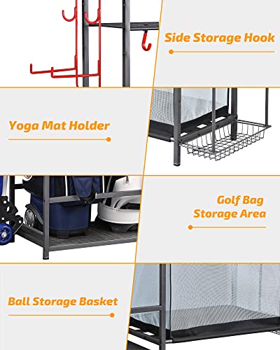 Extra Large Ball and Sports Equipment Storage Rack (Black, 66.3"Lx15.7"Wx66.1"H)