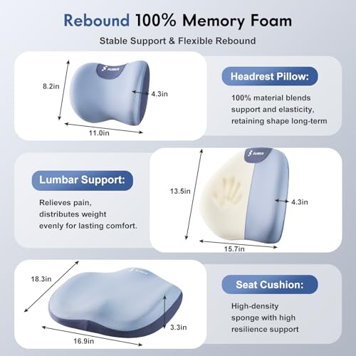 Seat Cushion and Lumbar Support Pillow for Office Chair Car (Blue / 3 Pieces)