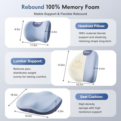 Seat Cushion and Lumbar Support Pillow for Office Chair Car (Blue / 3 Pieces)