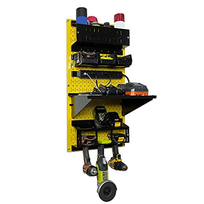 Power Tool Storage Organizer Kit Cordless Drill Holder Charging Station Rack 16” x 32” Metal Pegboard Organization System (Yellow Pegboard)