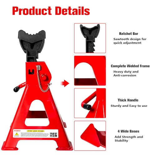 Jack Stands 3 Ton (3 Ton Double Pin Locking with Rubber Pads / Red)