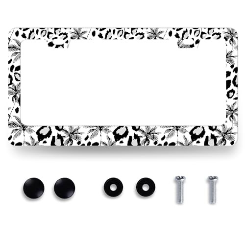 Stainless Steel Hawaii Leopard Palm Tree License Plate Frame 12.3 x 6.3Inch (Abstract Tropical Palm Tree Leopard)