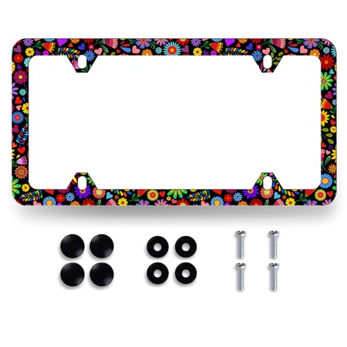 Stainless Steel Abstract Bright Flowers License Plate Frame 12.3X 6.3 Inch (Bright Colorful Flowers Art Floral)