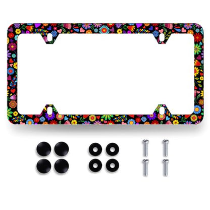 Stainless Steel Abstract Bright Flowers License Plate Frame 12.3X 6.3 Inch (Bright Colorful Flowers Art Floral)
