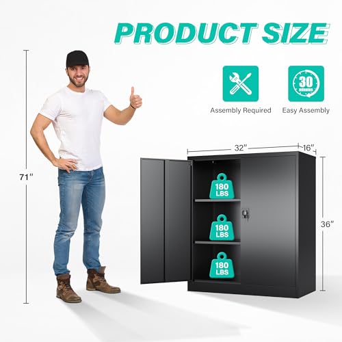Small Metal Storage Cabinet with Doors and Shelves (36"H x 31.5"W x 16"D / Black)