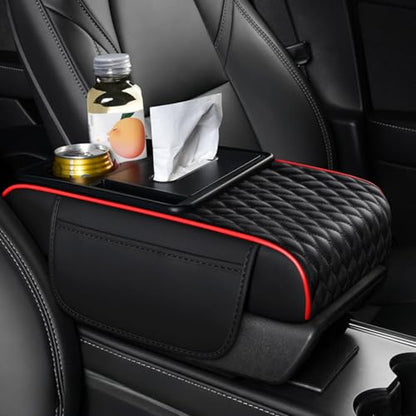 5-In-1 Center Console Cover Organizer, Arm Rest Cover for Car with Cup Holder & Storage Pocket & Tissue Box, Armrest Cover Cushion Pad, Water Ripples, Black - Red (Water Ripple+ / Black&red)