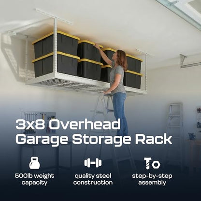MonsterRax 3x8 Overhead Garage Storage Rack (White / 12"-21")