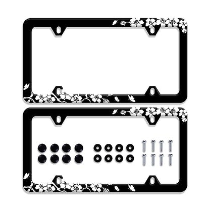 2Pcs Cherry Blossom License Plate Frame Stainless Steel Accessory12.3x6.3In (【2Pcs】Black White Cherry Blossoms)