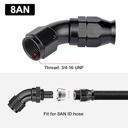8AN 45 Degree PTFE One Piece Full Flow End Hose Fitting Aluminum Black (8AN / 45 Degree)