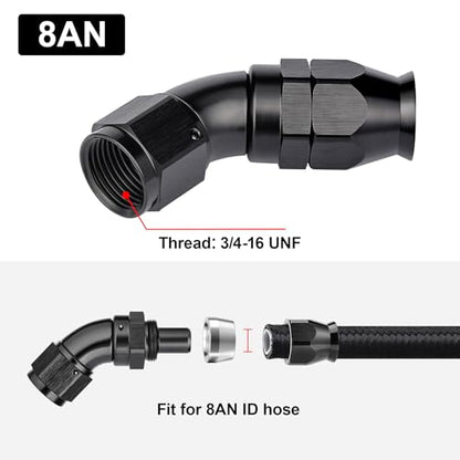 8AN 45 Degree PTFE One Piece Full Flow End Hose Fitting Aluminum Black (8AN / 45 Degree)