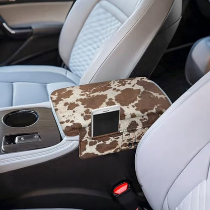 Brown Beige Cow Print Car Center Console Pad Comfortable Armrest Box Protector Soft Hand Rest Pillow for Car Seat Organizer Arm Rest Cushion Protective Cover Automobile Decor (Brown Beige Cow Print)