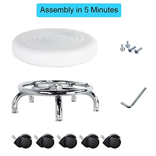 Roller Seat PU Leather Foot Stool Low Rolling Stool 360° Round Step Stool (White)