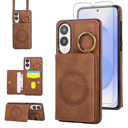 Compatible with Samsung Galaxy S25 Edge Wallet Case Screen Protector Crossbody Shoulder Strap Ring Buckle Stand Card Holder Magnetic Car Mount Phone Cover for S25Edge 25S S 25 25Edge Women Men Brown (Brown / for S25 edge)