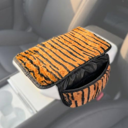 Plush Animal Print Car Center Console Cover with Side Pockets