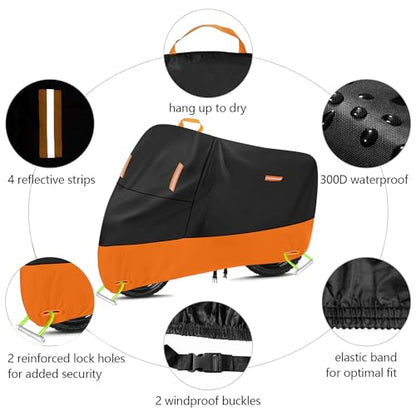 Motorcycle Cover Waterproof Outdoor 300D Oxford Heavy Duty Oxford All Season Sun Protection Fit up to 100 inch Dirt Bike Fat Boy Fat Bob Honda Africa (Black & Orange 1 / XXXL (96" x 37" x 50"))