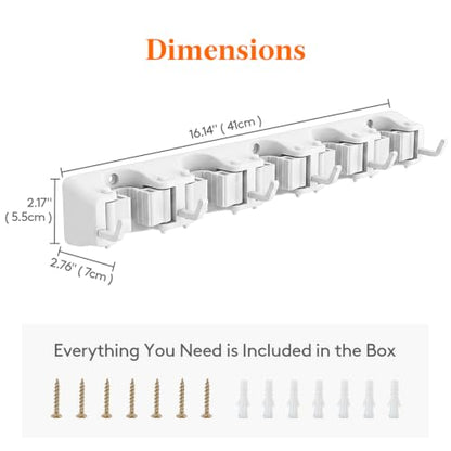 Mop and Broom Holder Organzier Wall Hanging Mount (White)