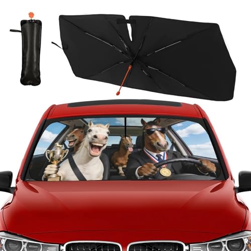 Horse Car Windshield Sun Shade Umbrella Bendable Handle Foldable Funny Horse Animal Driving Sunshade for Car Windshield Block UV Rays Keep Vehicle Cool for Most Sedans SUV Trucks 57"x30" (147*75cm,33*11cm / Funny Horses)