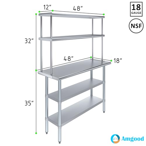 Stainless Steel Work Table with 2 Shelves (18" x 48" Table With 2 Shelves + 12" Overshelf)