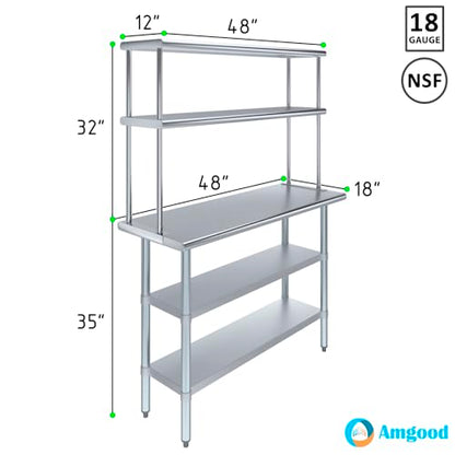 Stainless Steel Work Table with 2 Shelves (18" x 48" Table With 2 Shelves + 12" Overshelf)